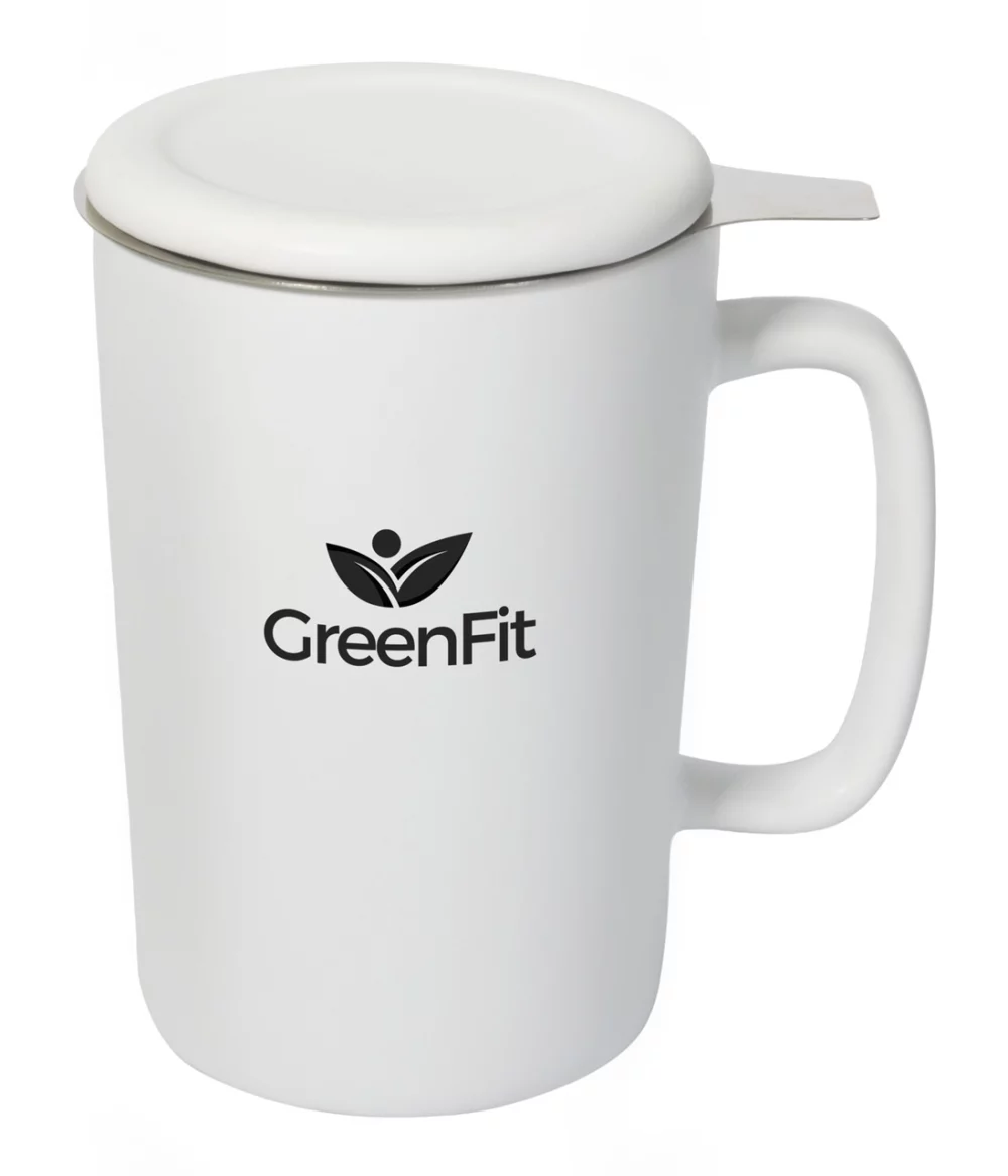 Mug en céramique blanche Ceylan de 13 oz avec couvercle et filtre à thé en acier inoxydable dans une boîte cadeau Ripple.