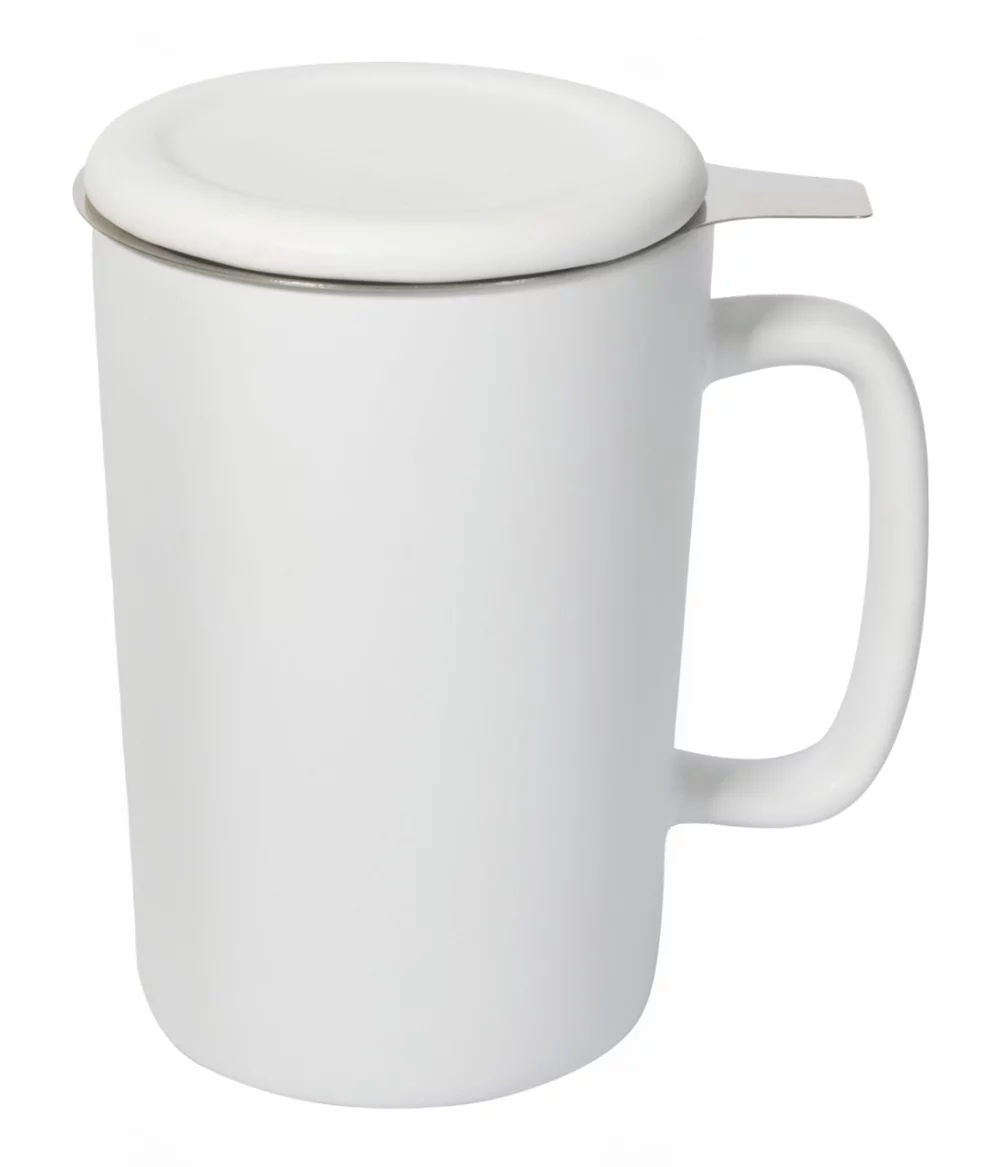 Ceylon 13oz white ceramic mug with lid & stainless steel tea strainer in Ripple gift box