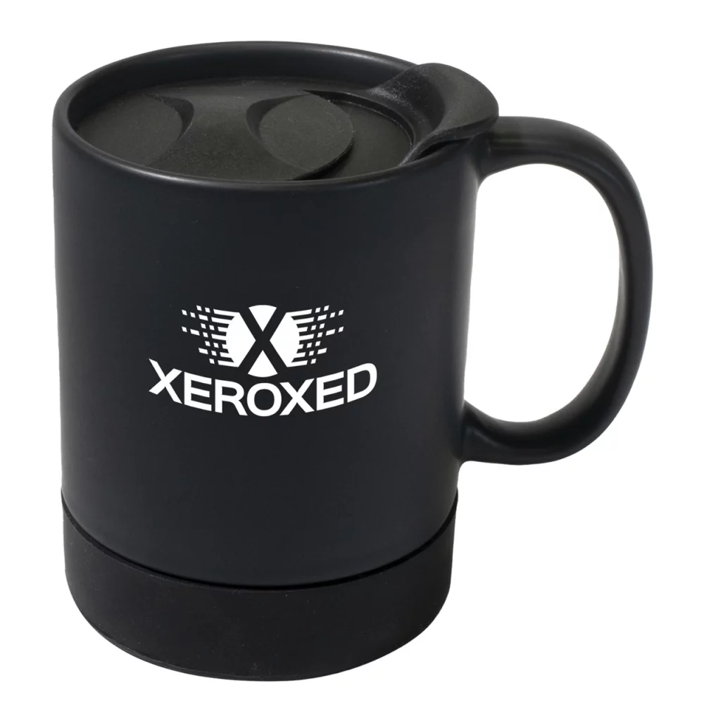Parkdale 12oz matte black ceramic mug with black silicone base & slide lid in Ripple box