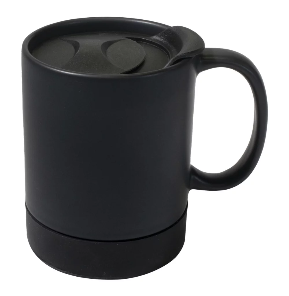Parkdale 12oz matte black ceramic mug with black silicone base & slide lid in Ripple box