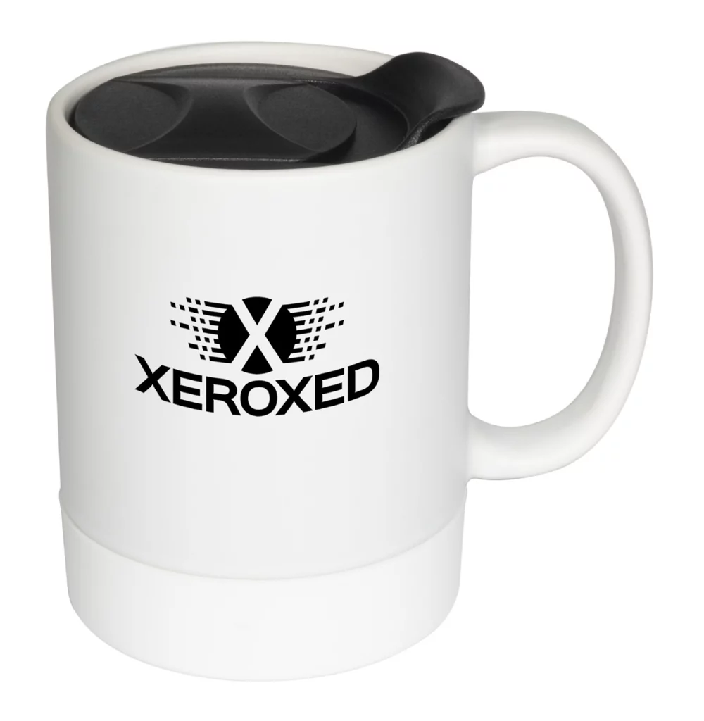 Parkdale 12oz matte white ceramic mug with whitesilicone base & black slide lid in Ripple box