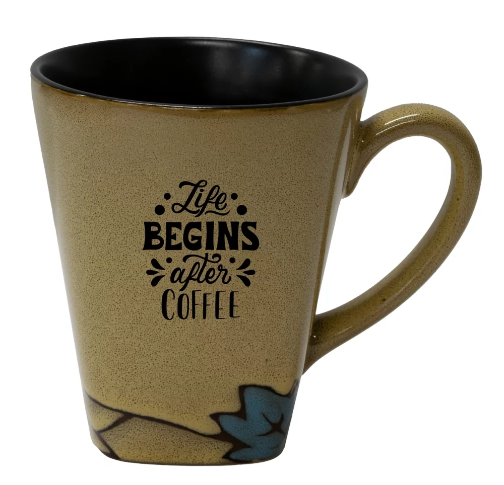 Mug de 16 oz en deux tons caramel/noir "Vines" dans une boîte cadeau feuille noire.