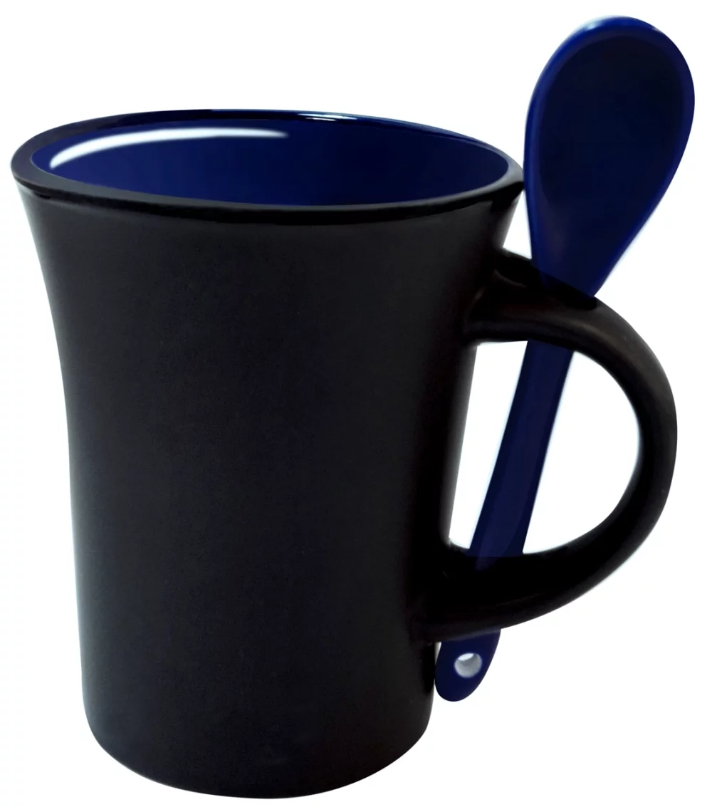 Tasse en céramique Hilo 10 oz noir mat avec intérieur bleu cobalt brillant, cuillère bleu cobalt.