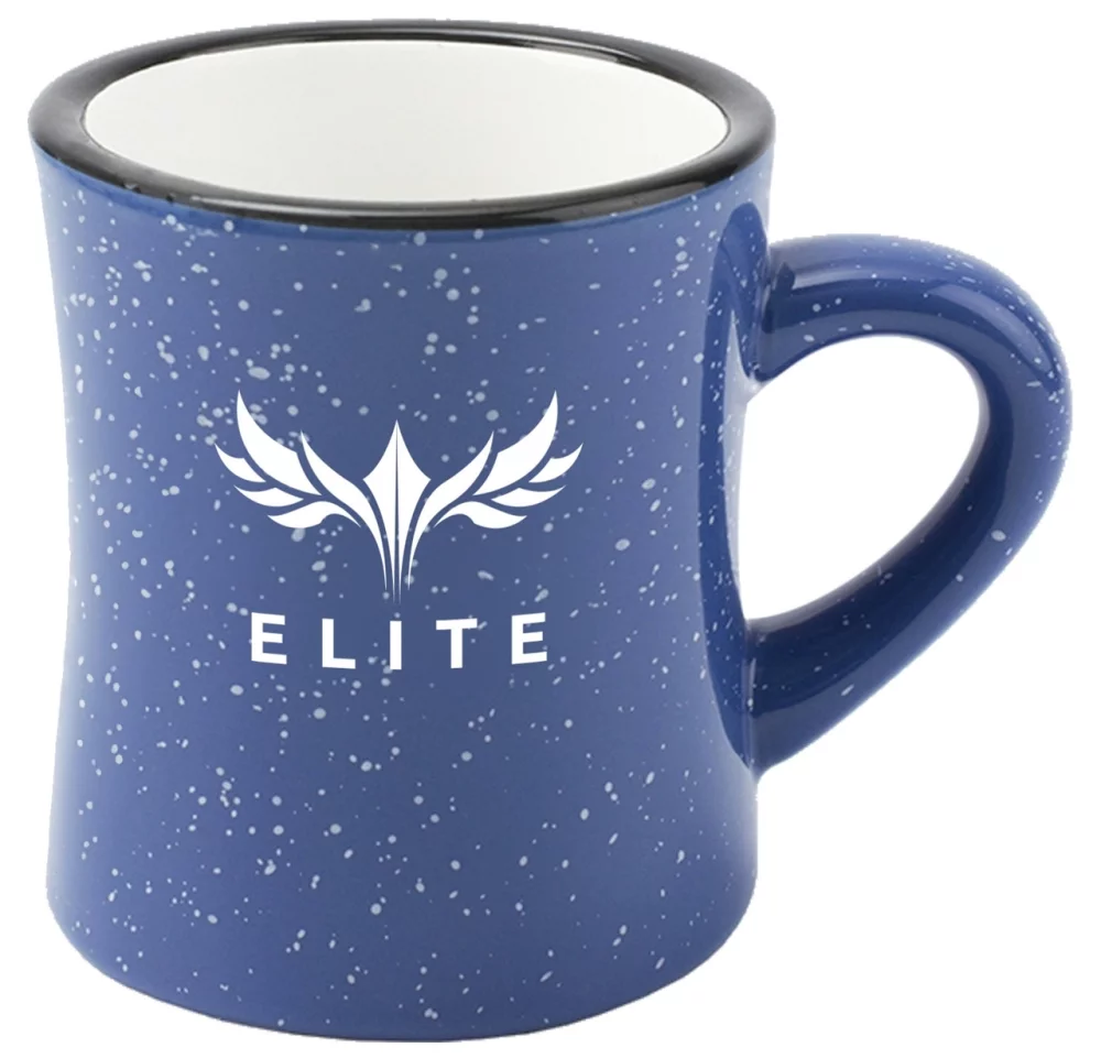 Tasse à dîner de 10 onces, extérieur bleu moucheté/intérieur blanc, vitrifiée.