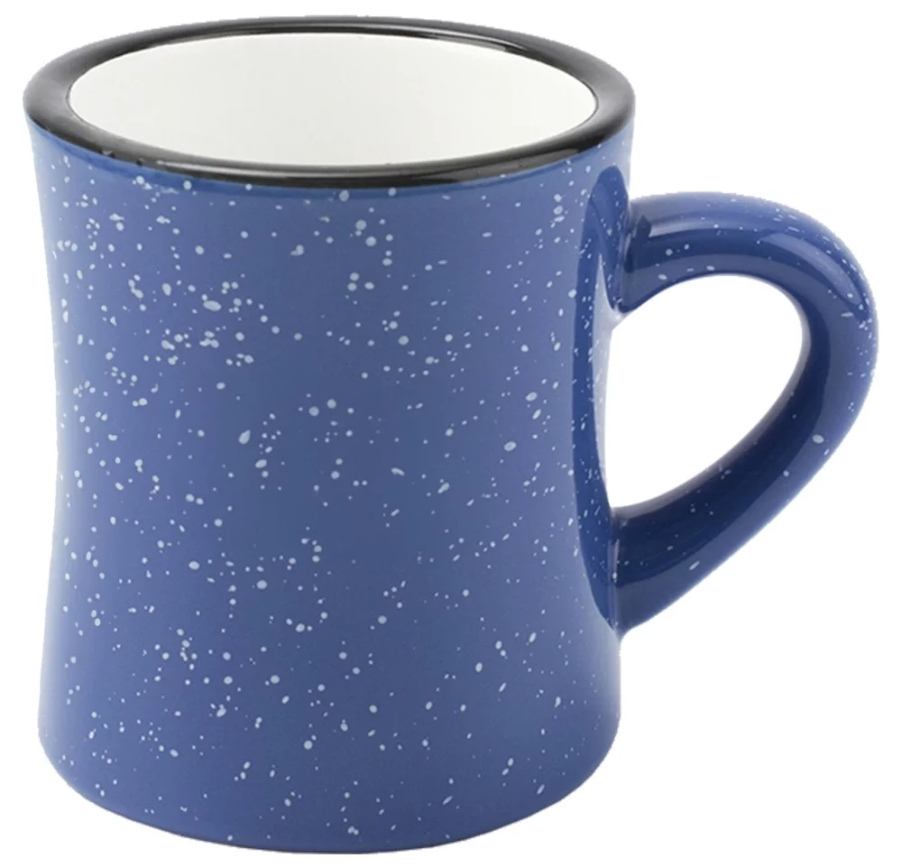 Tasse à dîner de 10 onces, extérieur bleu moucheté/intérieur blanc, vitrifiée - Gravée