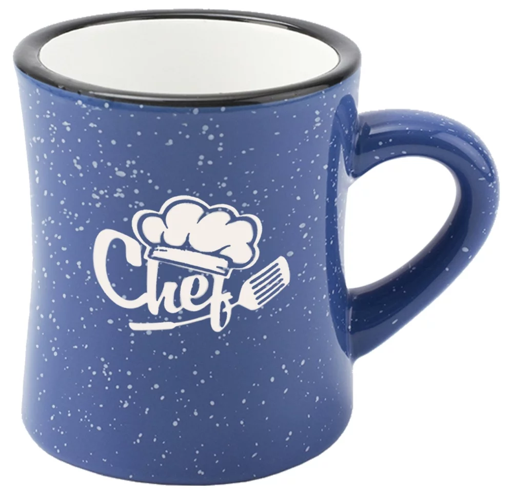 Tasse à dîner de 10 onces, extérieur bleu moucheté/intérieur blanc, vitrifiée - Gravée