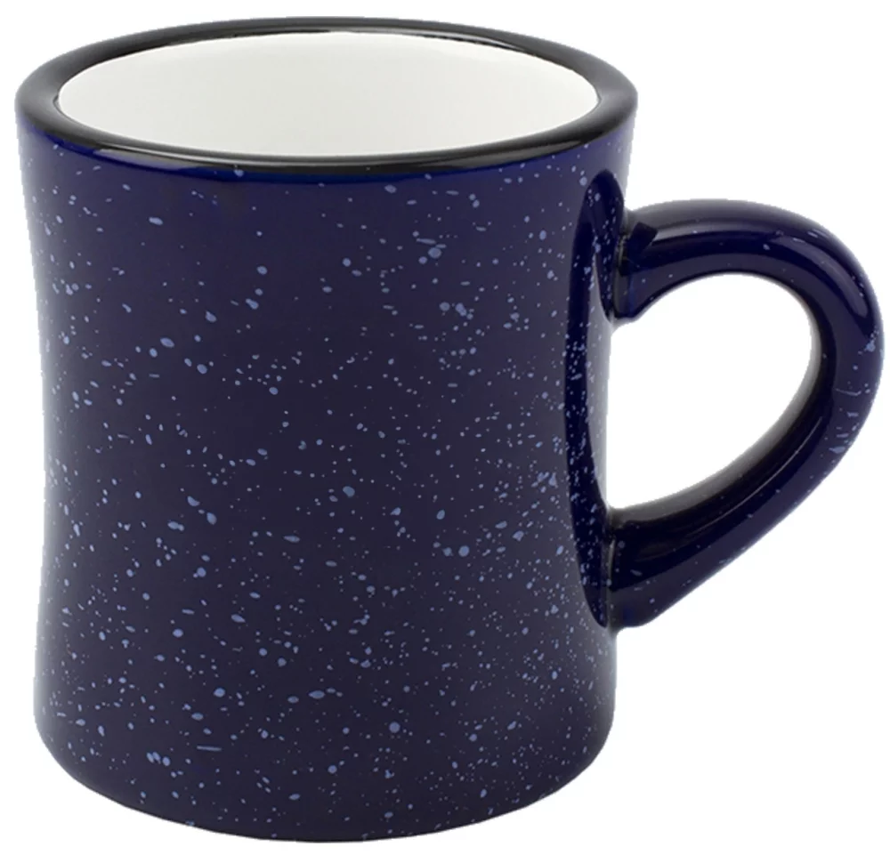 Tasse à dîner de 10 onces, extérieur cobalt moucheté/intérieur blanc, vitrifié.