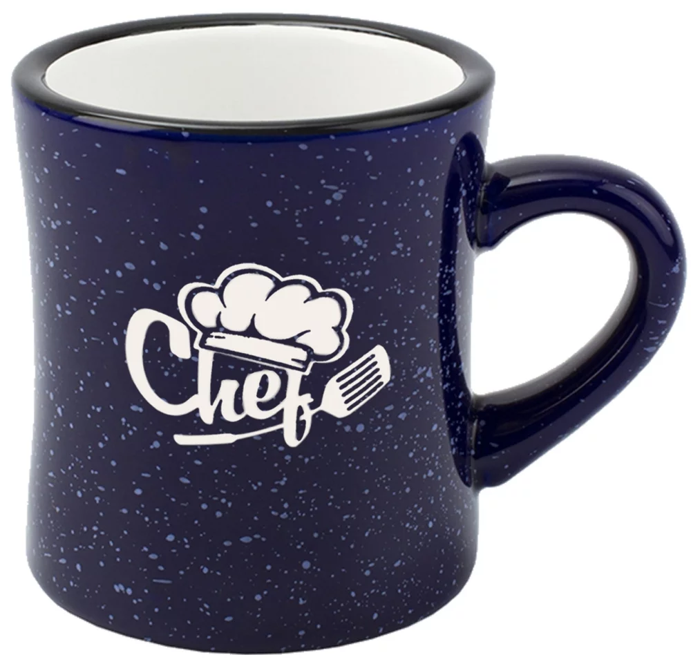 Tasse à dîner de 10 oz avec extérieur cobalt moucheté/intérieur blanc vitrifié - Gravé