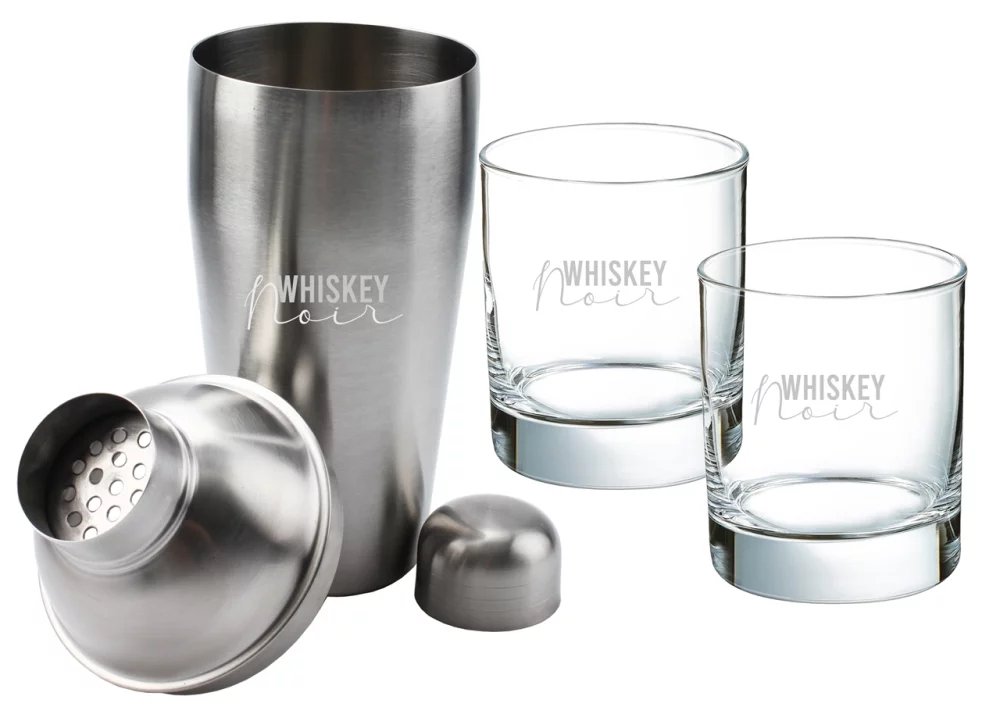 ~Shaker & Gina Tumbler Set, 1 shaker, 2 tumblers glasses in a Shadow Gift box