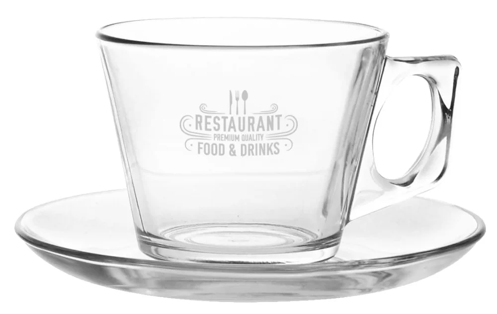 Vela Cappuccino Set 6.4oz sq handled mug and saucer clear glass