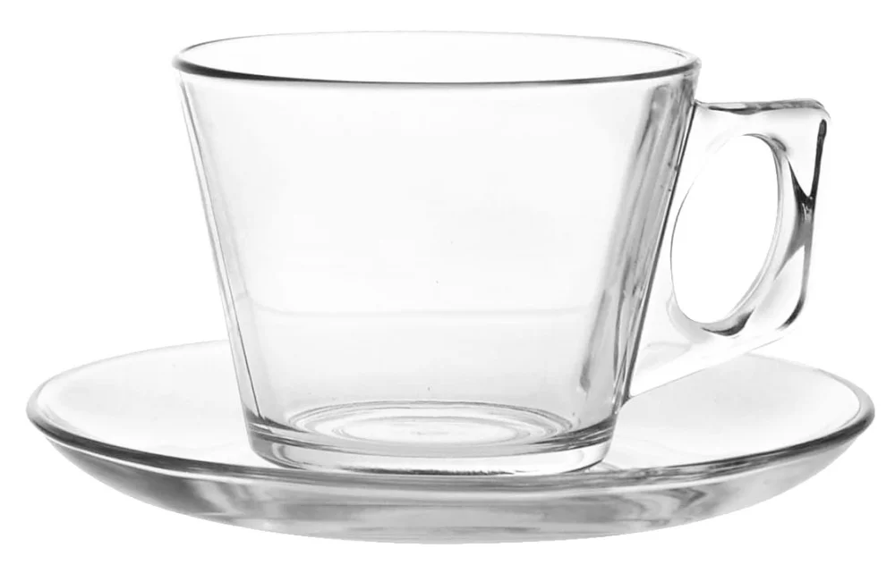 Vela Cappuccino Set 6.4oz sq handled mug and saucer clear glass