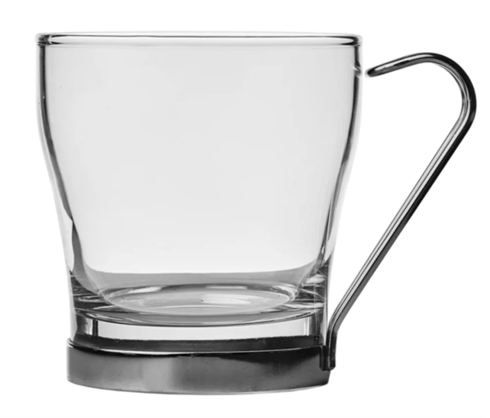 Ensemble de deux tasses en verre Chroma de 7 oz avec poignées chromées.