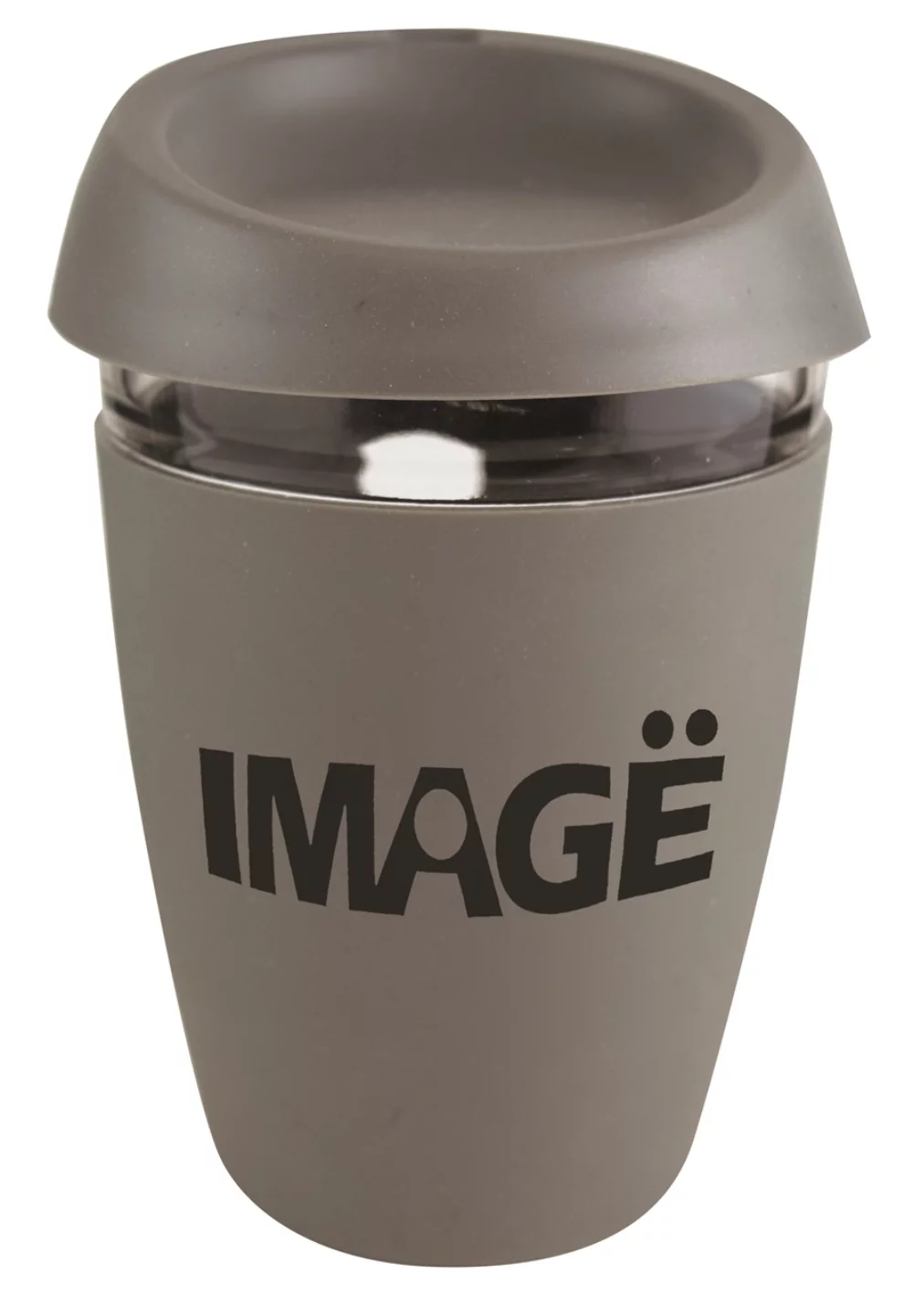 Tasse en verre Vienna de 12 oz avec couvercle en silicone gris et manchon, dans une boîte cadeau.