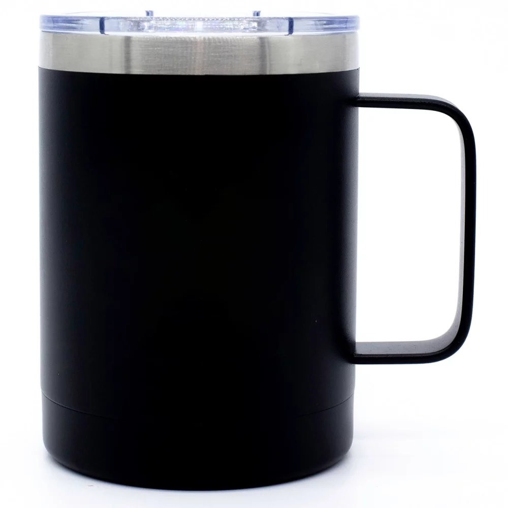 Mug double paroi en acier inoxydable Outback 16 oz, finition noire mate avec couvercle transparent à pression.