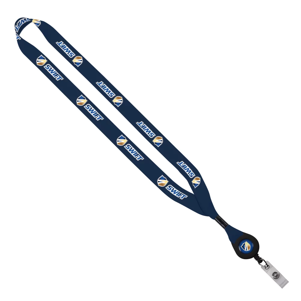 Lanière en PET recyclé de 3/4" avec sublimation de teinture, pince métallique et enrouleur de badge.