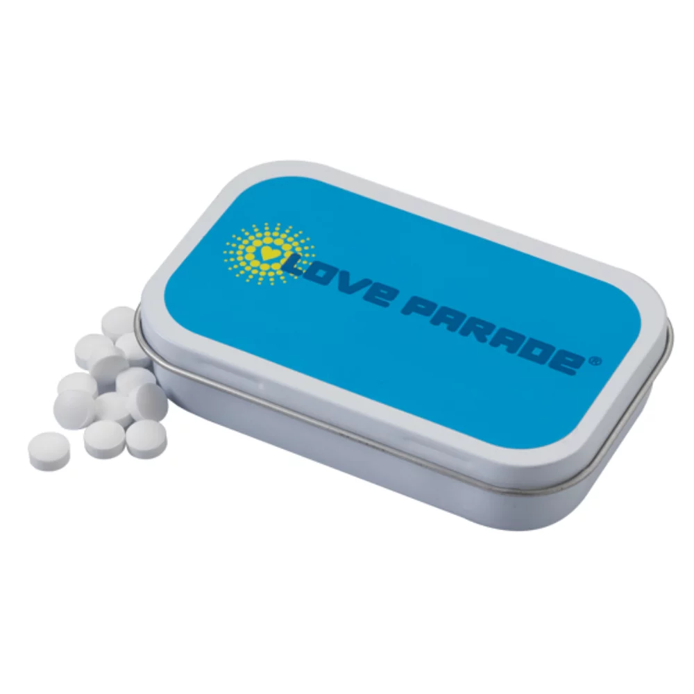 Grande boîte rectangulaire en métal avec charnière et pastilles.