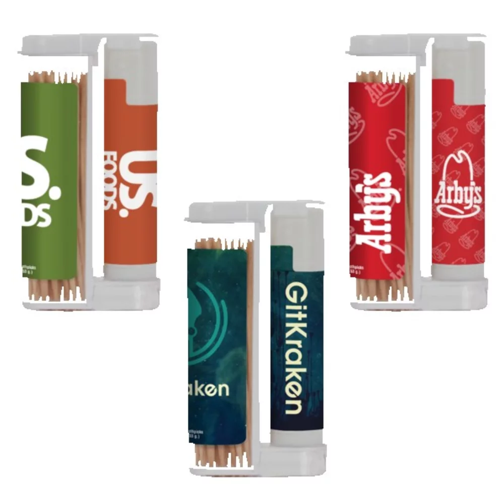 Cure-dents en bois dans un duo rectangulaire à couvercle basculant avec hydratant pour les lèvres naturel.