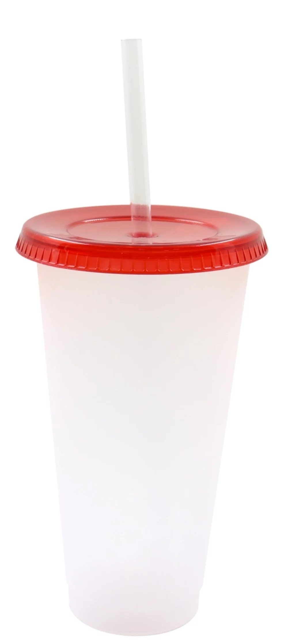 Gobelet en plastique givré Starlight de 19 oz avec couvercle rouge à pression et paille transparente.
