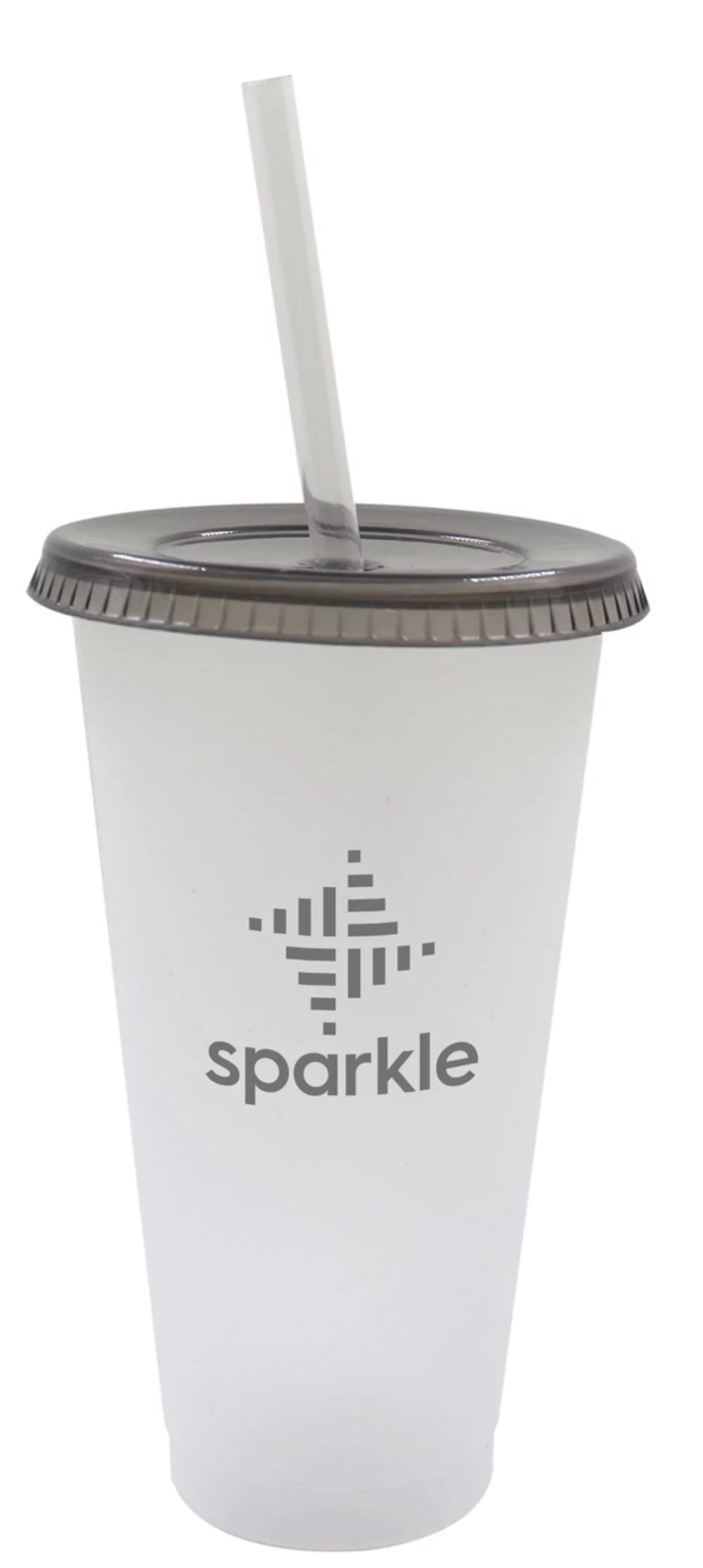 Gobelet en plastique givré Starlight de 19 oz avec couvercle à pression fumé et paille transparente.