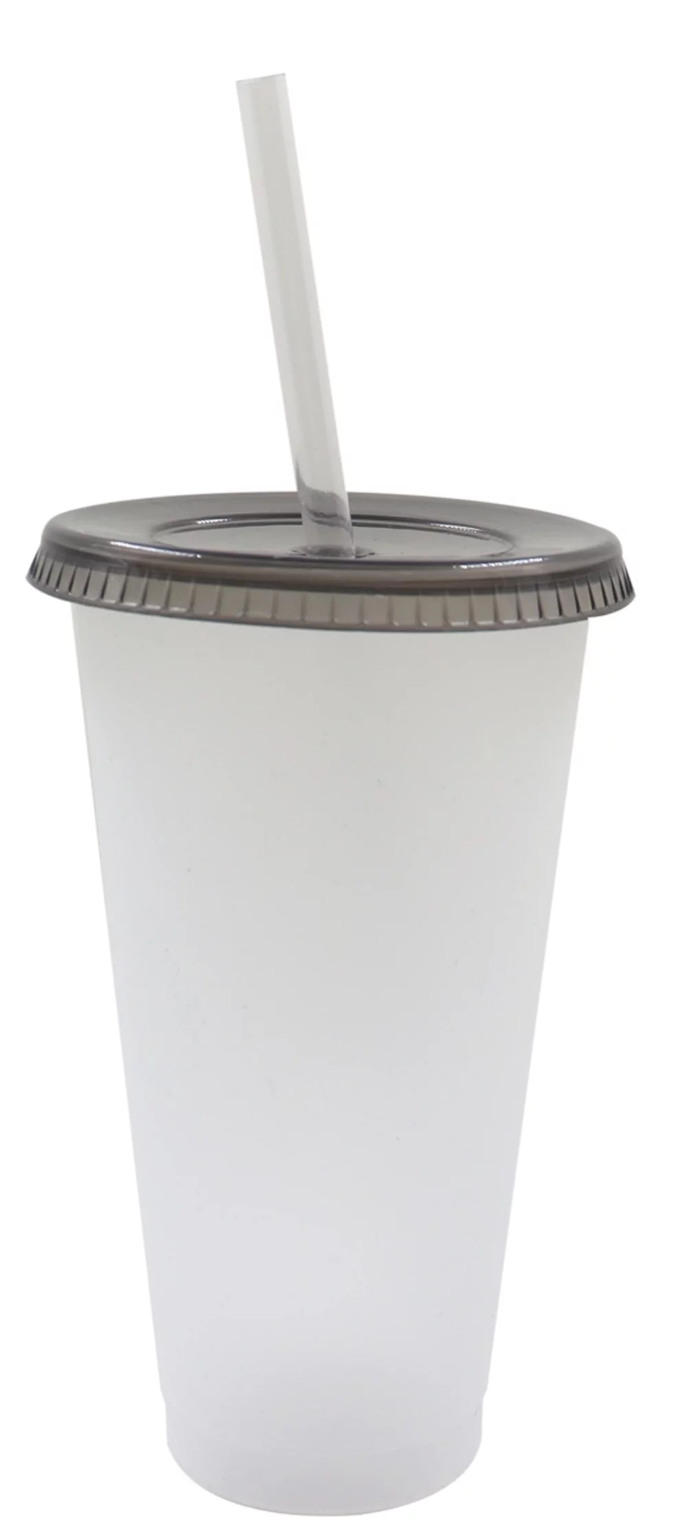 Gobelet en plastique givré Starlight de 19 oz avec couvercle à pression fumé et paille transparente.