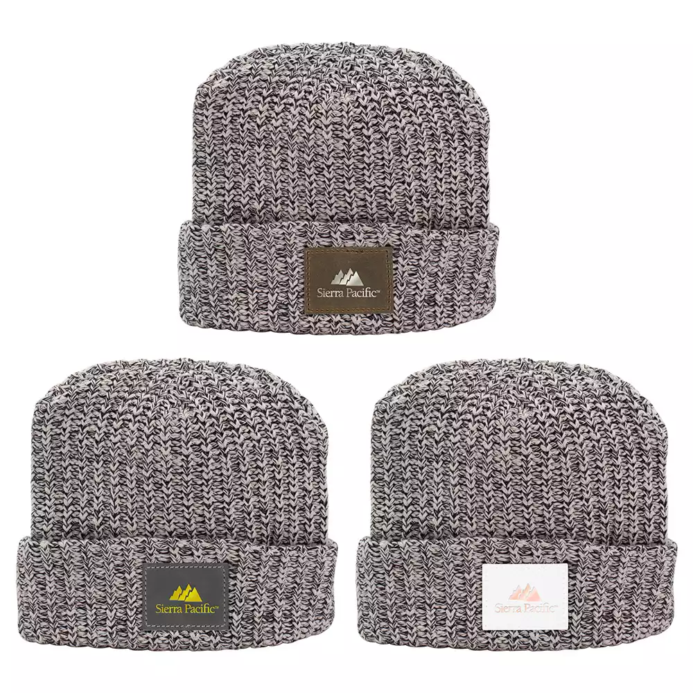 Bonnet tricoté à revers avec patch en cuir
