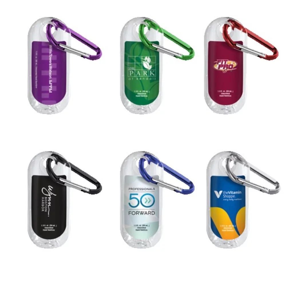Désinfectant transparent de 1,9 oz dans une bouteille transparente avec mousqueton.