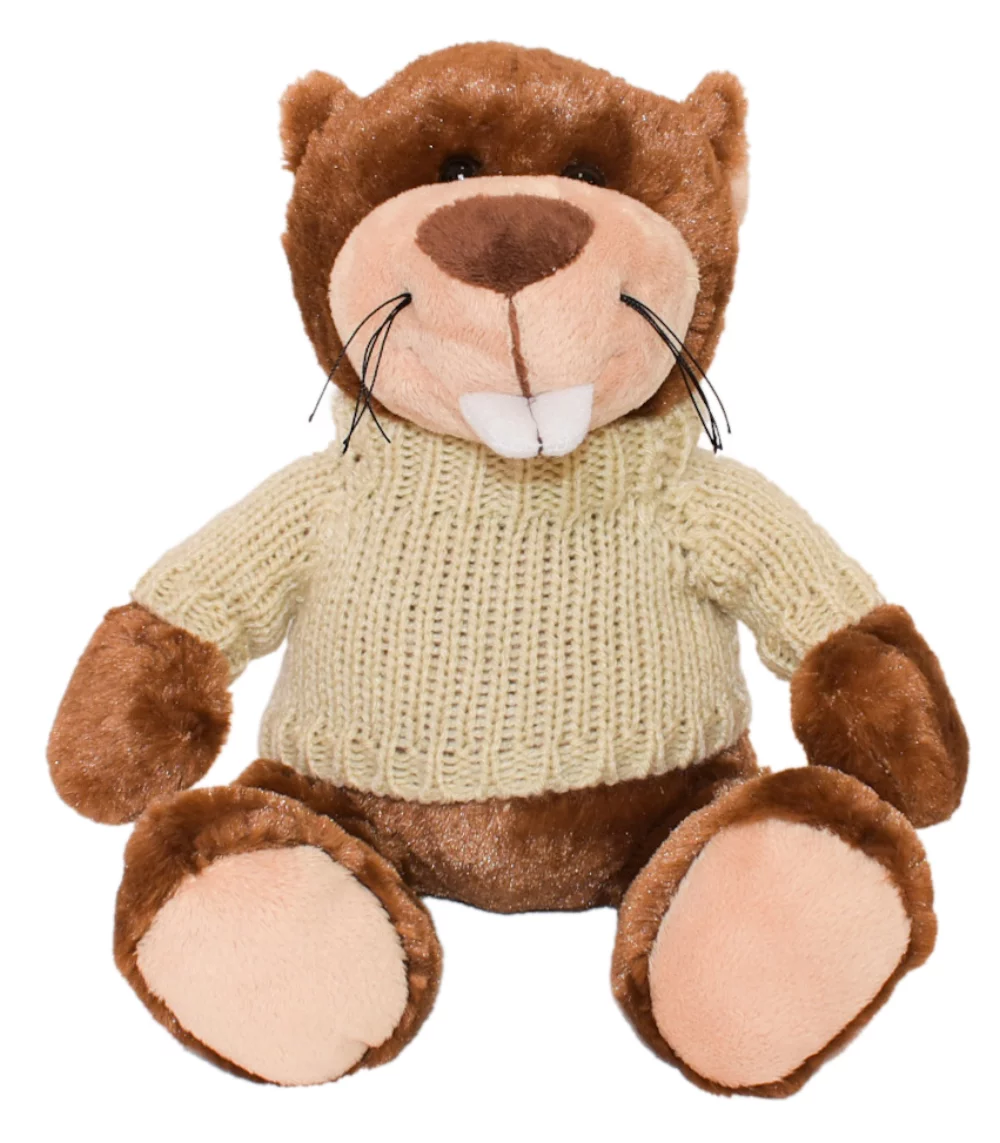 Castor Bucky de 11" avec pull tricoté à la main brodé.