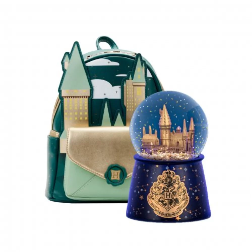Harry Potter Bundle 4 - Hogwarts Snow Globe Jewelry Candle, Golden Hogwarts Castle Mini Backpack - M