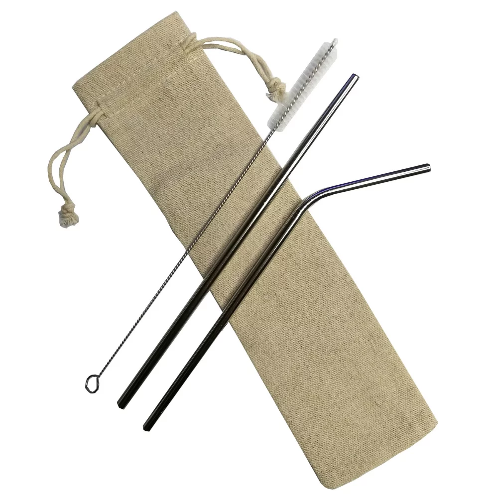 2 silver Stainless Steel Straw With 1 Cleaning Brush with a linen pouch