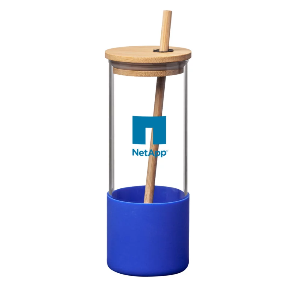Verre Shanti en borosilicate avec couvercle/paille en bambou - 17 oz bleu
