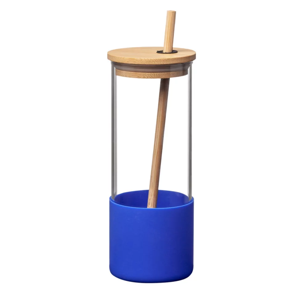 Verre Shanti en borosilicate avec couvercle/paille en bambou - 17 oz bleu
