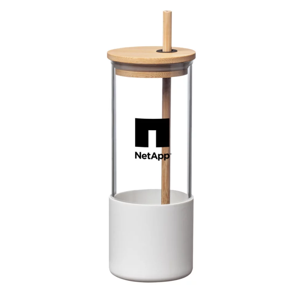Verre Shanti en borosilicate avec couvercle/paille en bambou - 17 oz blanc