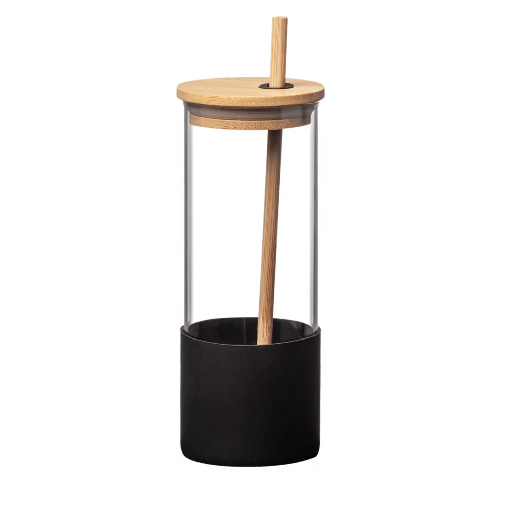 Verre Shanti en borosilicate avec couvercle/paille en bambou - 17 oz noir