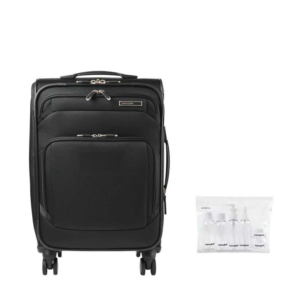 Samsonite Ascentra Carry-on Spinner and 6 Piece Travel Bottle Set - Black