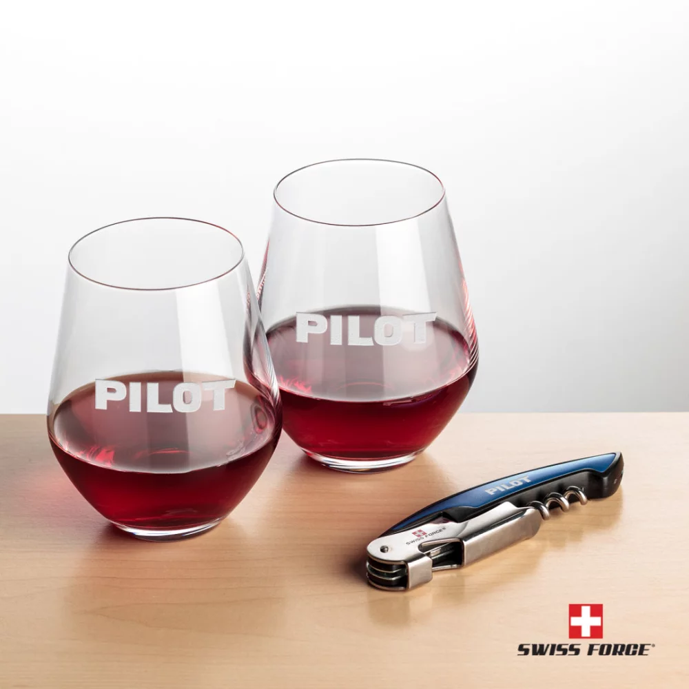 Ouvre-bouteille Swiss Force® et 2 verres à vin Reina - Bleu