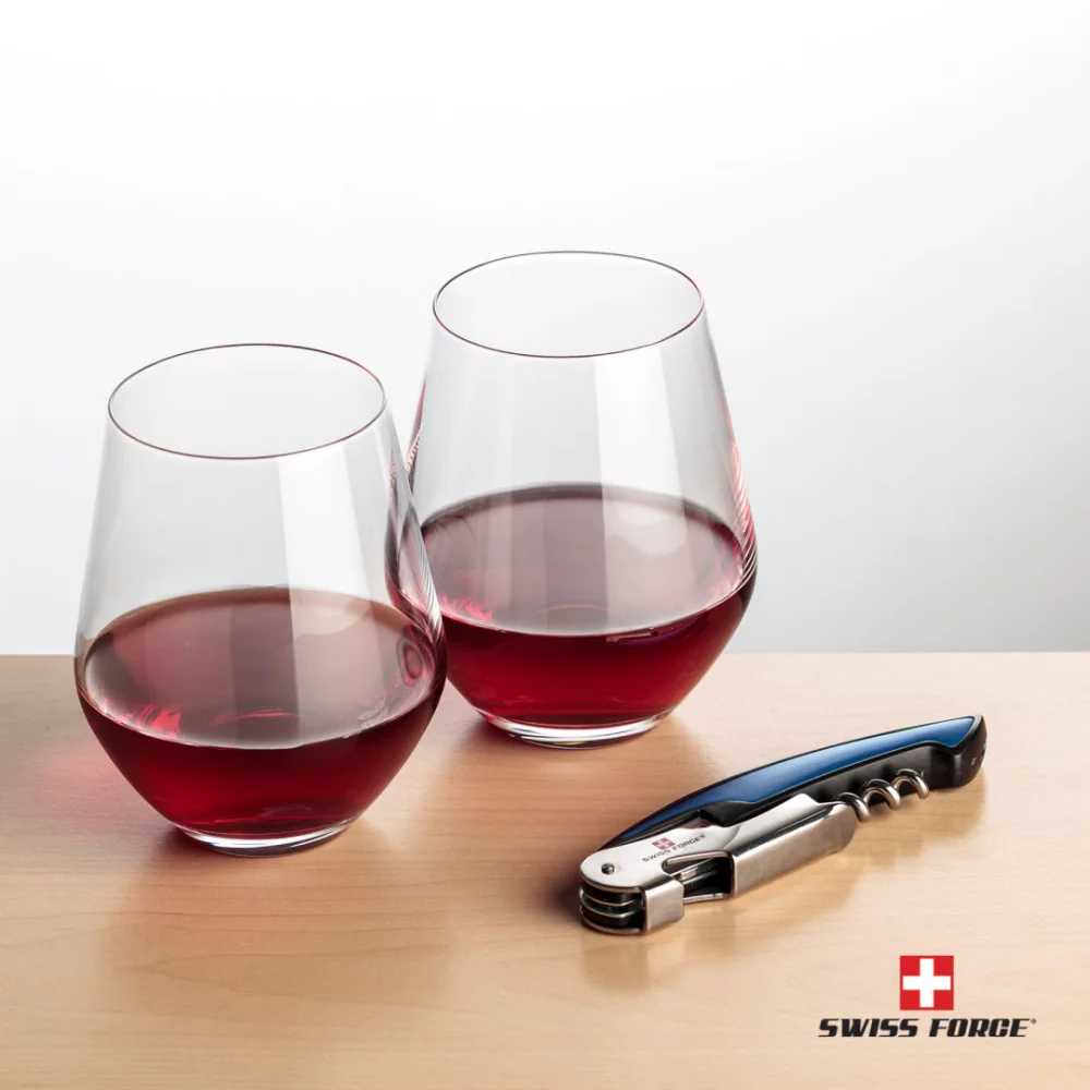 Ouvre-bouteille Swiss Force® et 2 verres à vin Reina - Bleu