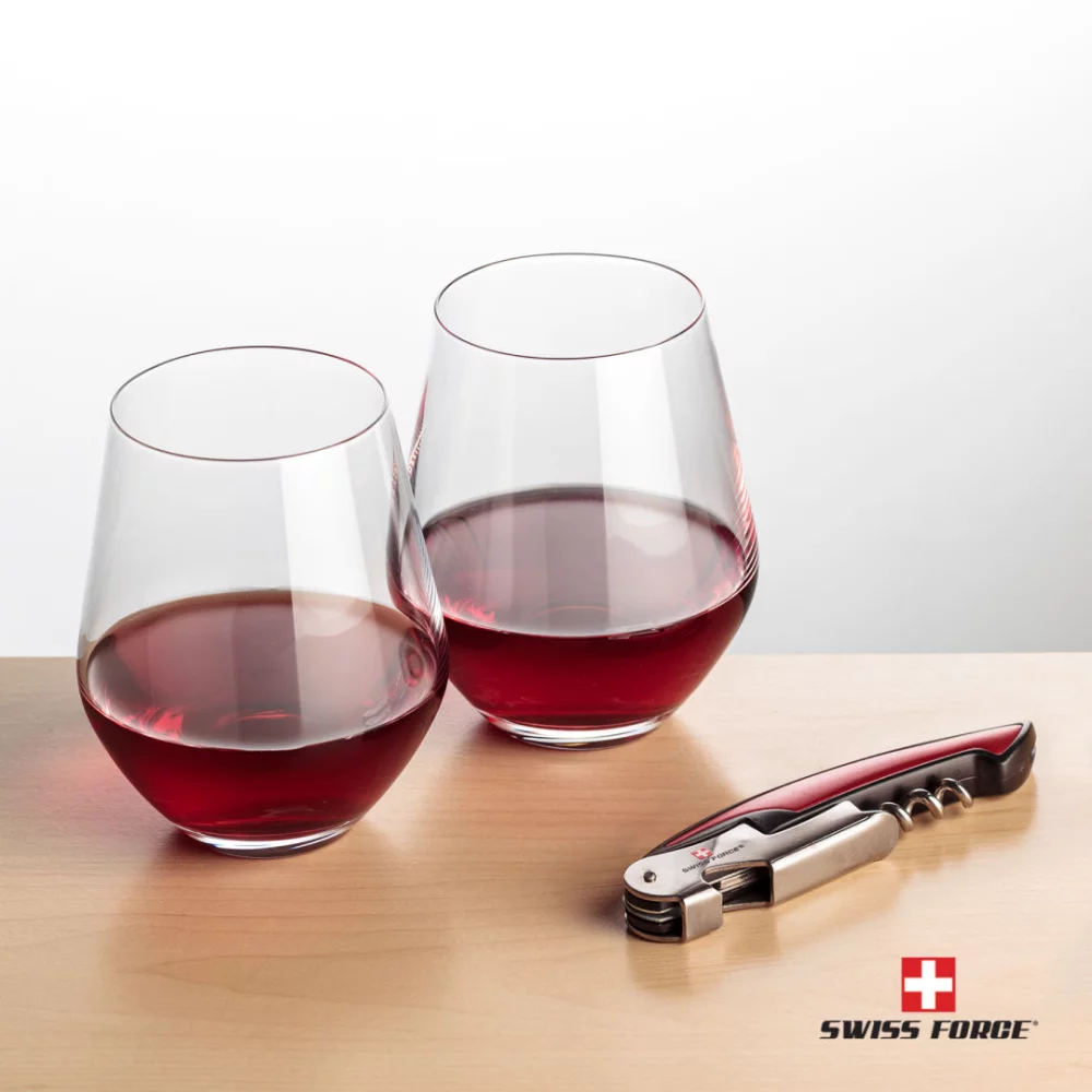 Ouvre-bouteille Swiss Force® & 2 verres à vin Reina - Rouge