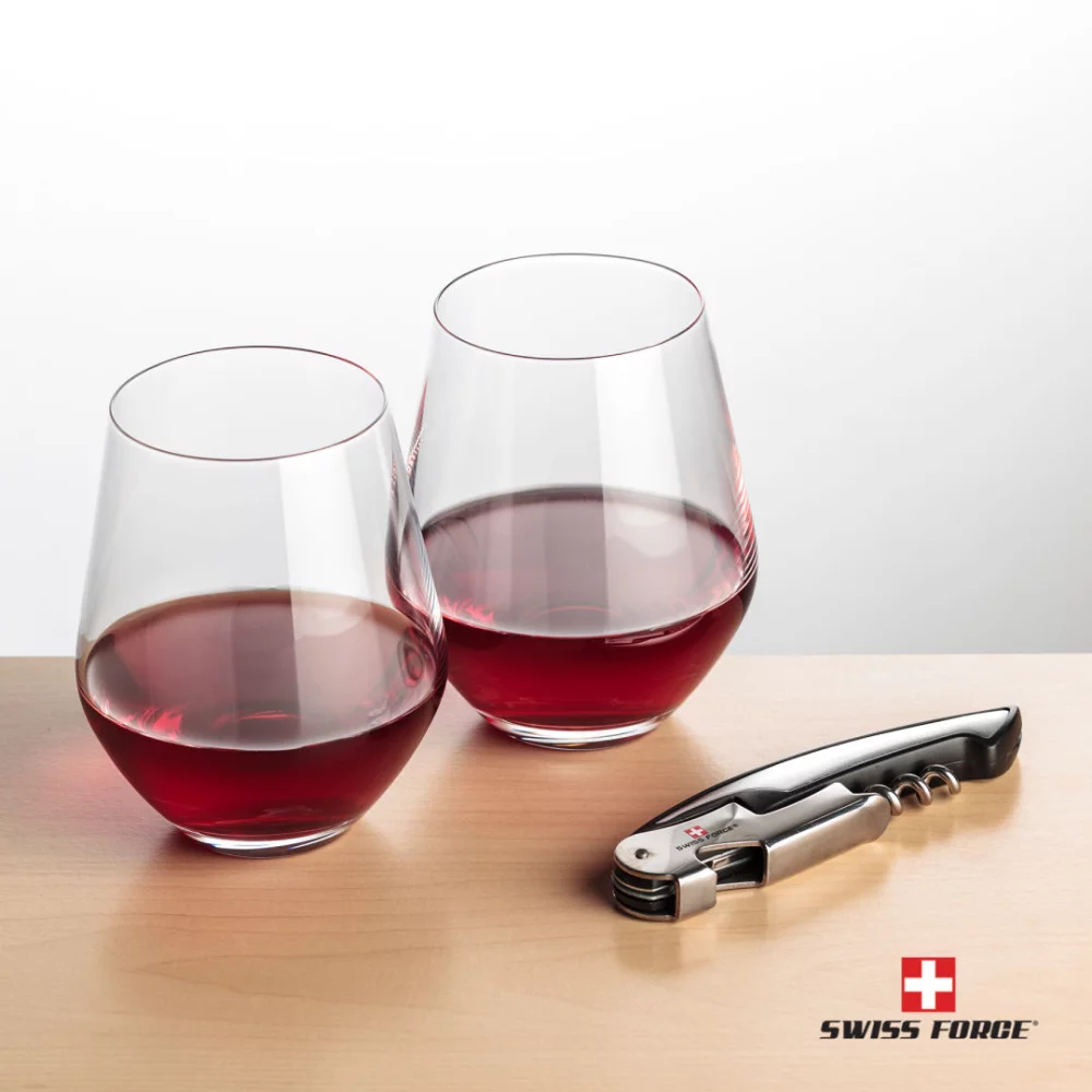 Ouvre-bouteille Swiss Force® et 2 verres à vin Reina - Argent