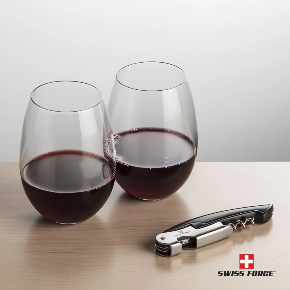 Ouvre-bouteille Swiss Force® et 2 verres à vin Carlita - Noir