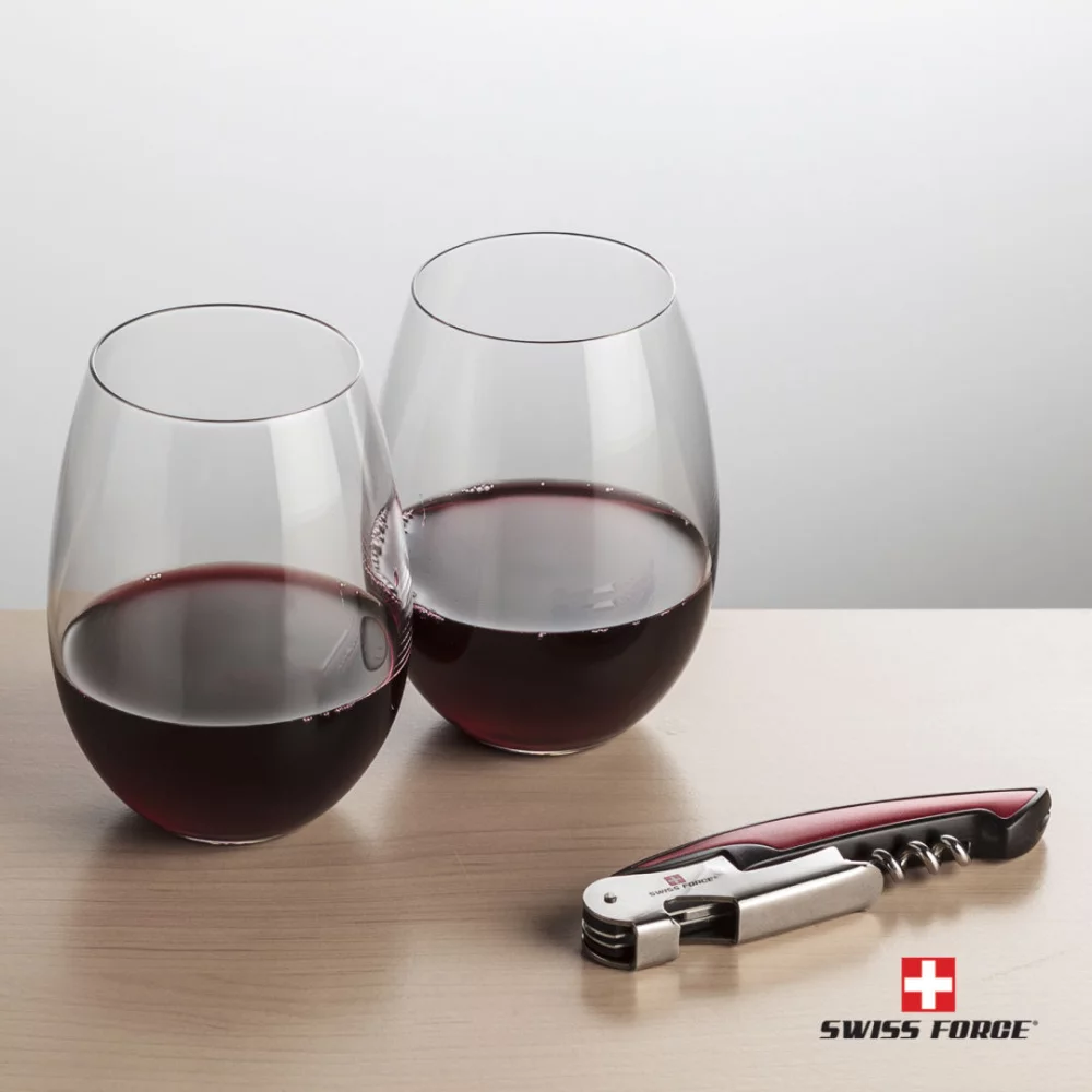 Ouvre-bouteille Swiss Force® et 2 verres à vin Carlita - Rouge
