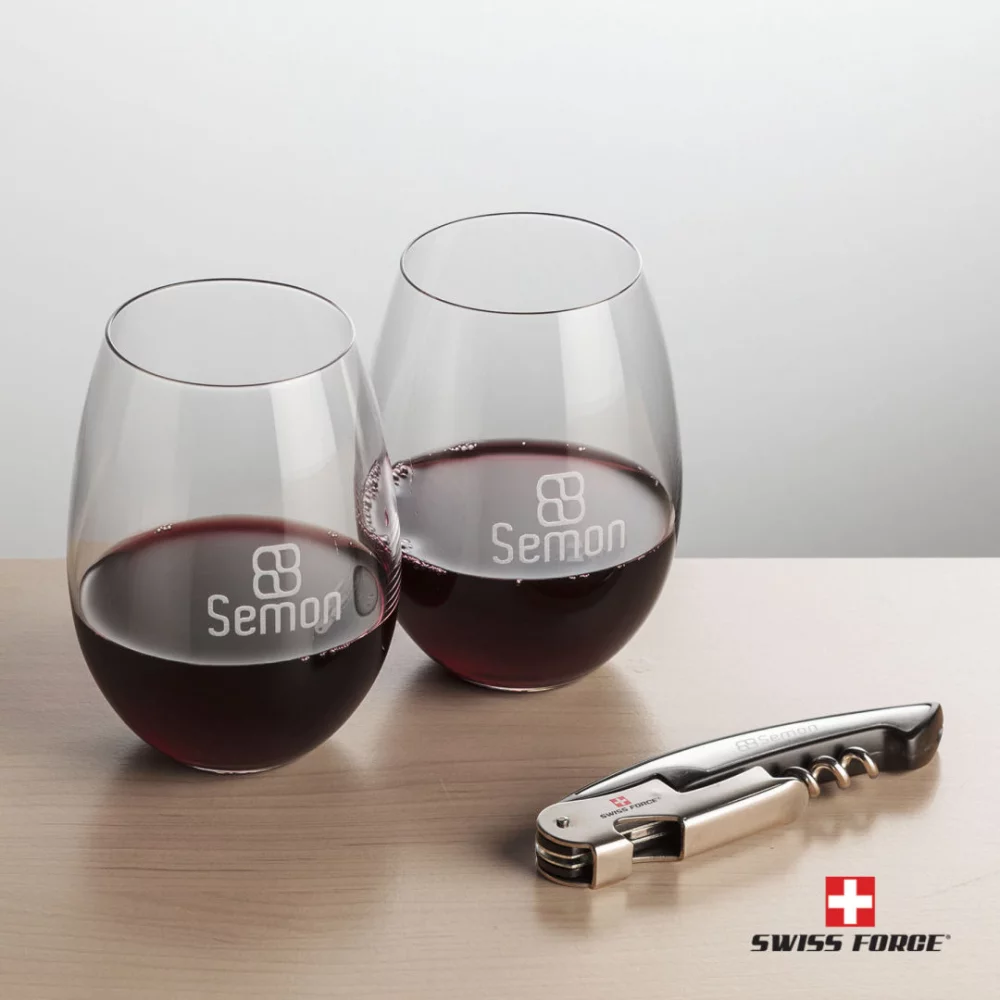 Ouvre-bouteille Swiss Force® et 2 verres à vin Carlita - Argent