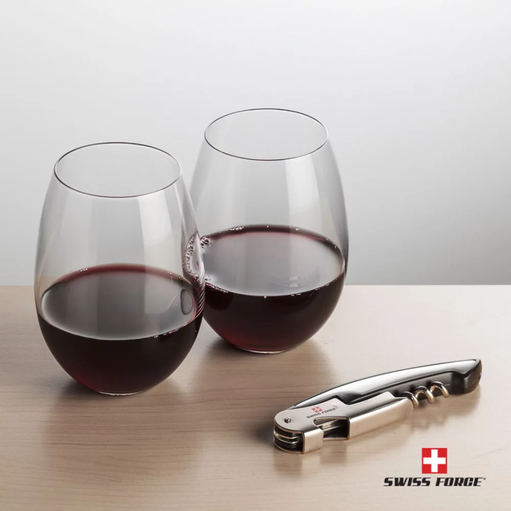 Ouvre-bouteille Swiss Force® et 2 verres à vin Carlita - Argent