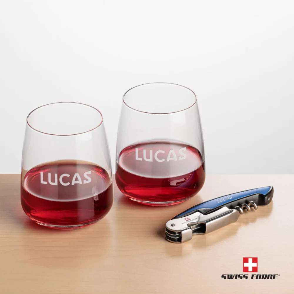 Ouvre-bouteille Swiss Force® et 2 verres à vin Dunhill - Bleu