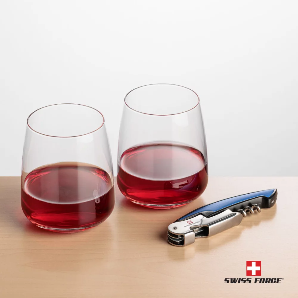 Ouvre-bouteille Swiss Force® et 2 verres à vin Dunhill - Bleu
