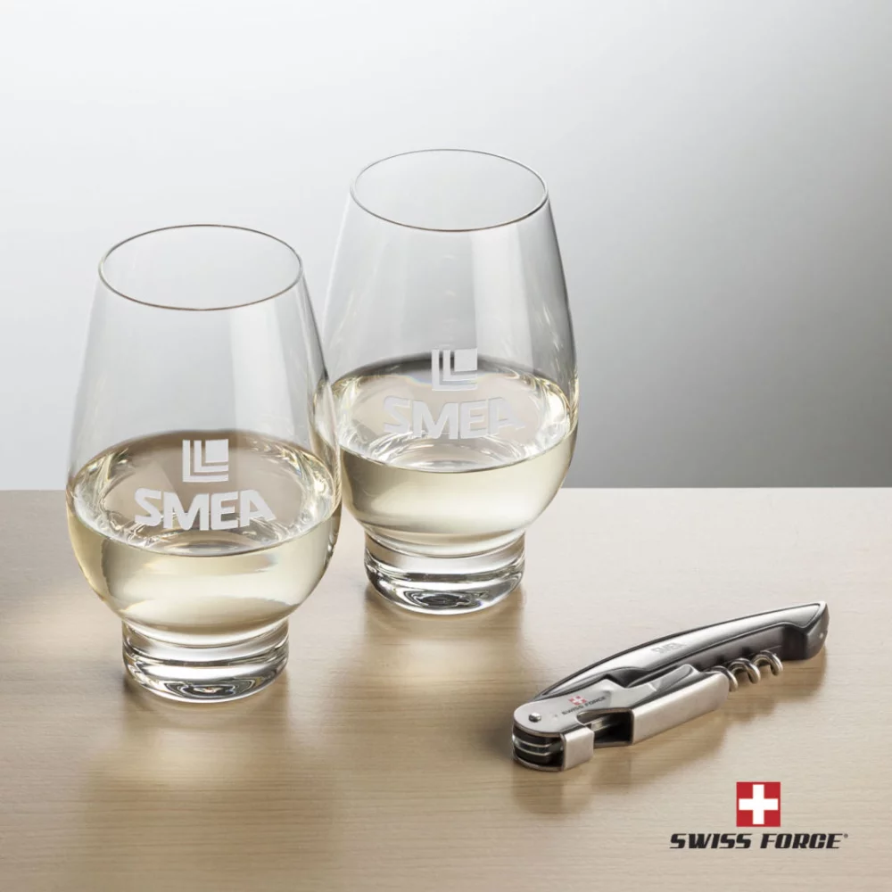 Ouvre-bouteille Swiss Force® et 2 verres à vin Glenarden - Argent