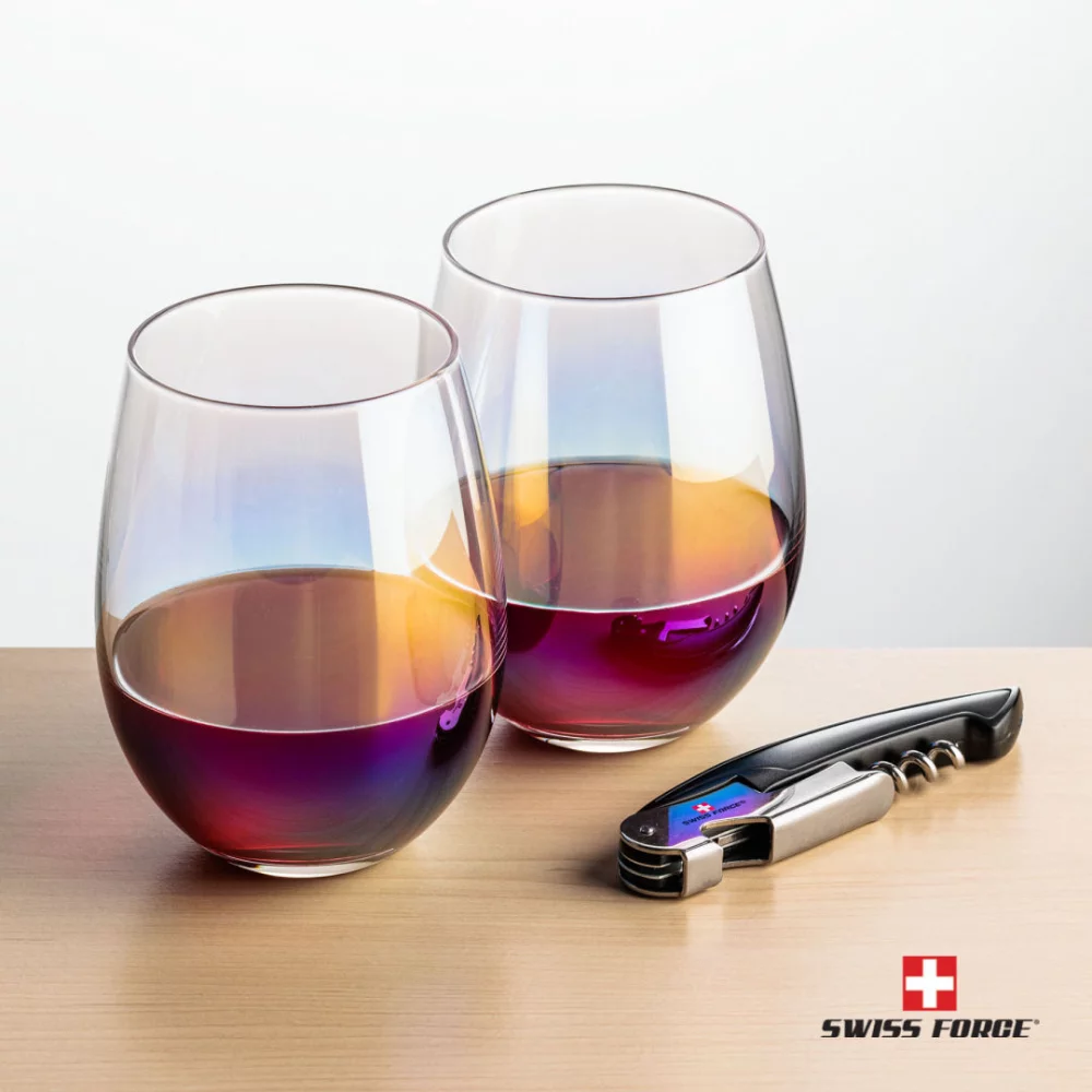 Ouvre-bouteille Swiss Force® et 2 verres à vin Miami - Noir