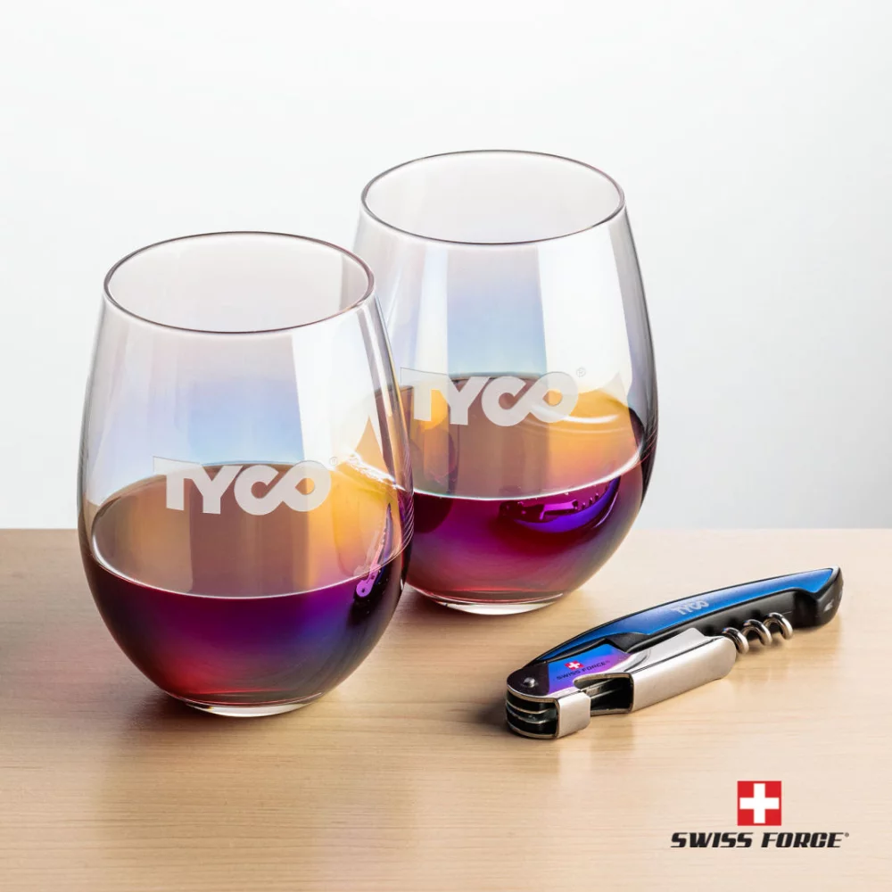 Ouvre-bouteille Swiss Force® & 2 verres à vin Miami - Bleu