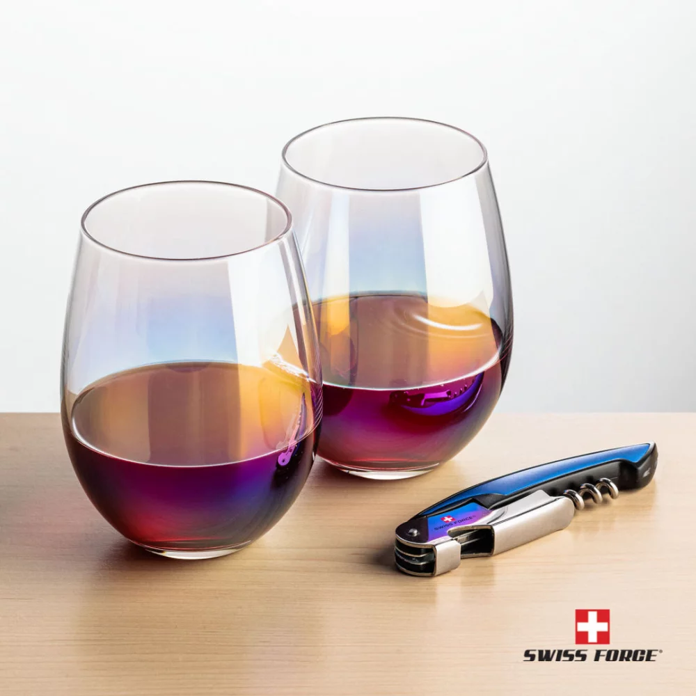 Ouvre-bouteille Swiss Force® & 2 verres à vin Miami - Bleu