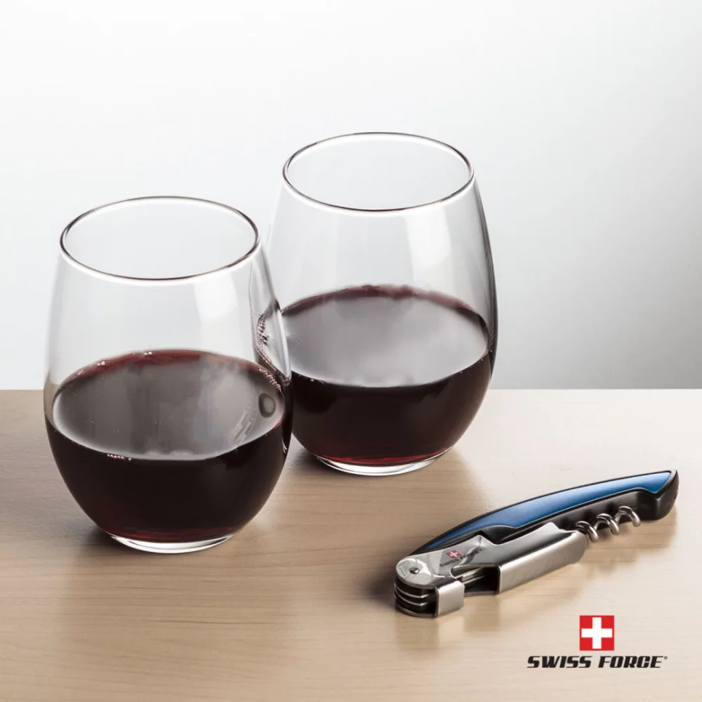 Ouvre-bouteille Swiss Force® et 2 verres à vin Stanford - Bleu