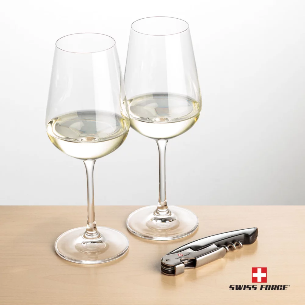 Ouvre-bouteille Swiss Force® et 2 verres à vin Laurent - Argent